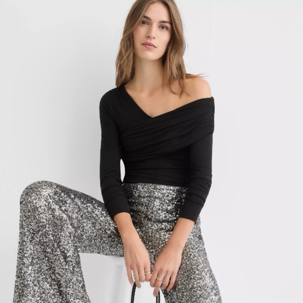 LOFT Ruched Off The Shoulder Black Mesh Top